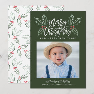 Cartão De Festividades Chalky Brusch Script Christmas Hollies Photo Green