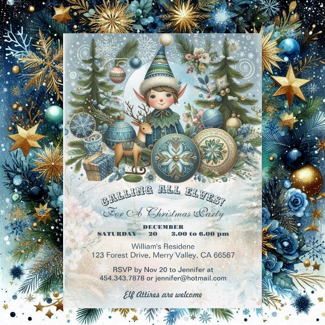Cartão De Festividades Chamando todos Elves Snowflake de Festa de Natal C (Calling All Elves Snowflake Christmas Party Invite)