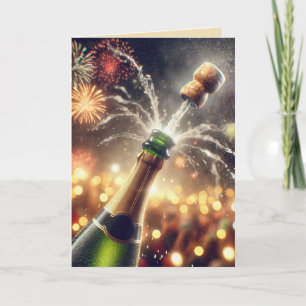 Cartão De Festividades Champagne de Ano Novo Com Rolha Estourando