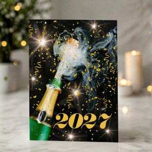 Cartão De Festividades Champagne Pop Dourado Confetes Feliz Ano Novo Fest
