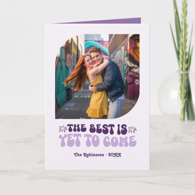 Cartão De Festividades Champagne Veludo Violeta Foto Retrô Ano Novo (Frente)