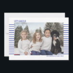 Cartão De Festividades Chanucá Simples e Moderno, Azul e Branco Striquead<br><div class="desc">Na moda e cartões com fotos bonitos são perfeitos para todos os seus amigos e família neste feriado. Personalize o texto "feliz hanukkah" com sua saudação e mude o nome da família e o ano e troque a foto por uma foto de seus filhos, animais de estimação ou de toda...</div>