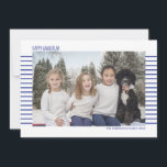 Cartão De Festividades Chanucá Simples e Moderno, Azul e Branco Striquead<br><div class="desc">Na moda e cartões com fotos bonitos são perfeitos para todos os seus amigos e família neste feriado. Personalize o texto "feliz hanukkah" com sua saudação e mude o nome da família e o ano e troque a foto por uma foto de seus filhos, animais de estimação ou de toda...</div>