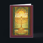 Cartão De Festividades Chanukah Lights, Menorah in Stained Glass Window<br><div class="desc">The menorah is ablaze with the lights of Chanukah which shine brightly against a background of abstract shapes that give the illusion of stained glass. This lovely design for the Jewish holiday of Chanukah seems to glow with a light of its own in warm tones of amber, yellow and gold,...</div>