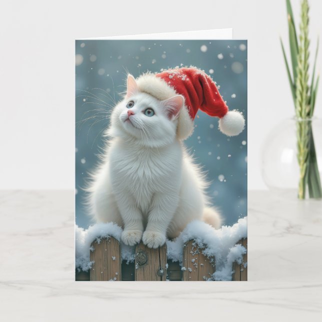 Cartão De Festividades Chapéu De Natal Em Gato Branco (Frente)