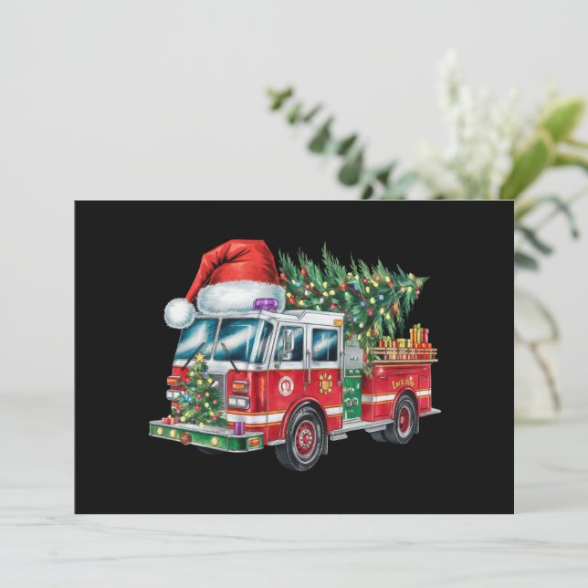 Cartão De Festividades Chapéu de Papai Noel de Caminhão de Bombeiros Engr (Em pé/Frente)