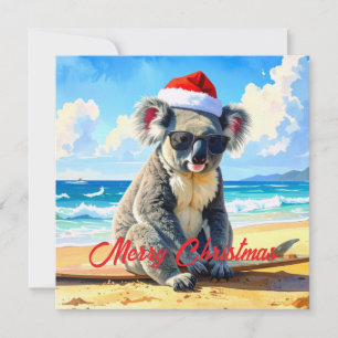 Cartão De Festividades Chapéu de Papai Noel de Koala ao Sol e ao Surf 