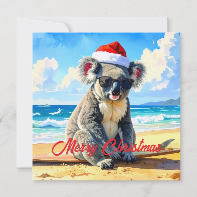 Cartão De Festividades Chapéu de Papai Noel de Koala ao Sol e Surf  (Frente)