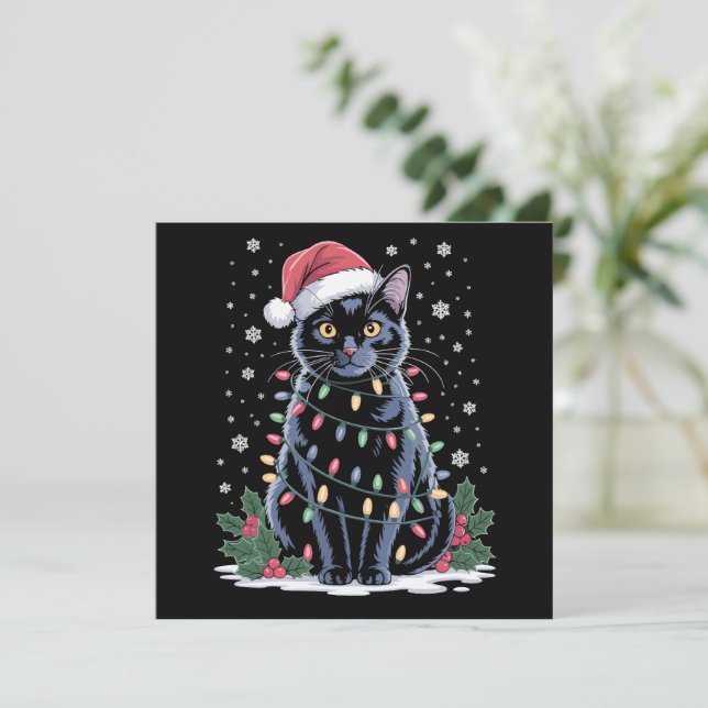Cartão De Festividades Chapéu de Papai Noel de Natal de Gato Preto Gatos  (Em pé/Frente)