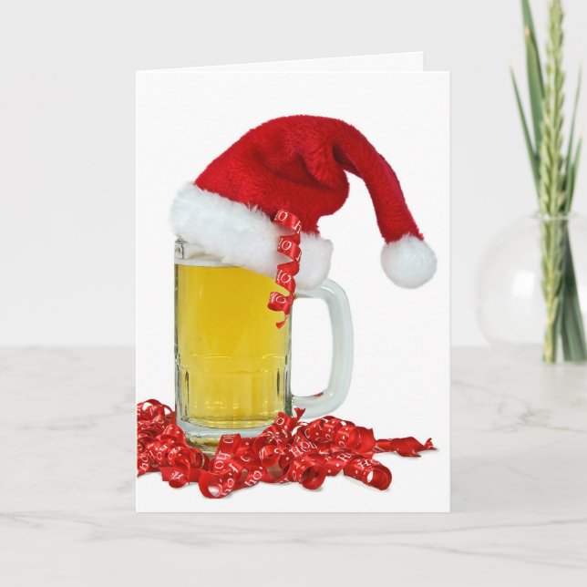 Cartão De Festividades Chapéu de Papai Noel em caneca de cerveja (Frente)