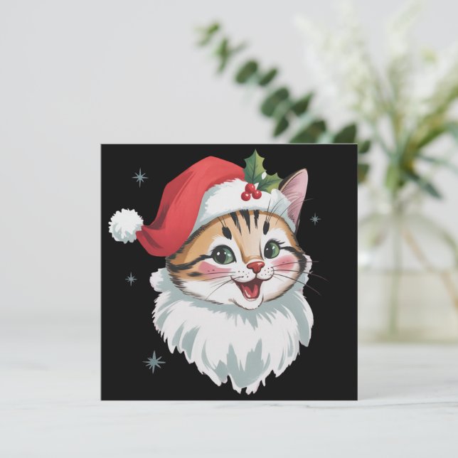 Cartão De Festividades Chapéu de Papai Noel Rosa Gatinho Fofo Natal Retro (Em pé/Frente)