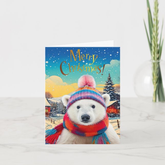 Cartão De Festividades Chapéu do Polar Bear Santa e cachecol Feliz Natal (Frente)