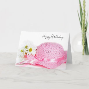 Cartão De Festividades Chapéu Rosa de Aniversário e Margaridas