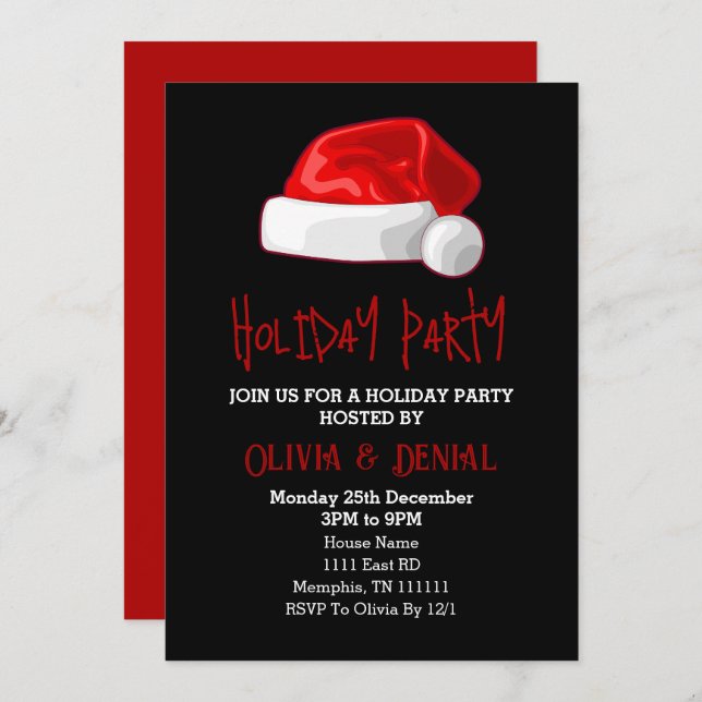 Cartão De Festividades Chapéu Vermelho de Papai Noel Natal Festa Preto (Frente/Verso)