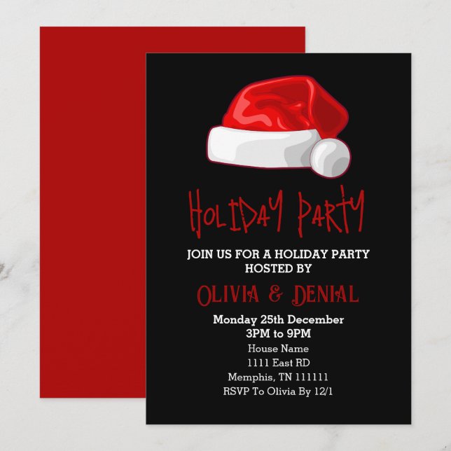 Cartão De Festividades Chapéu Vermelho de Papai Noel Natal Preto (Frente/Verso)