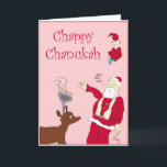 Cartão De Festividades Chappy Chanukah<br><div class="desc">Este cartão apresenta Papais noeis semelhantes a rabinos,  um elfo tocando dridela e a Rednose Reindeer com menorah em vez de chifres.  Sim,  bonito a típica família inter-religiosa.</div>