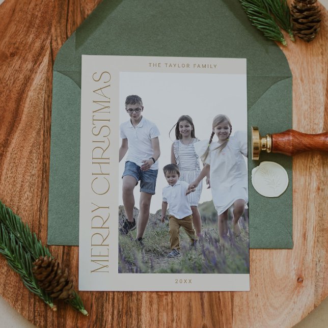 Cartão De Festividades CHARLIE Dourado Family Photo Boho Feliz Natal (CHARLIE Gold Family Photo Boho Merry Christmas Holiday Card)