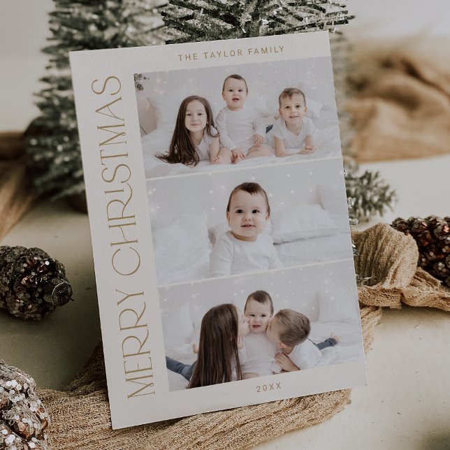 Cartão De Festividades CHARLIE Dourado Printable 3 Family Photo Christmas (CHARLIE Gold Printable 3 Family Photo Christmas Holiday Card)