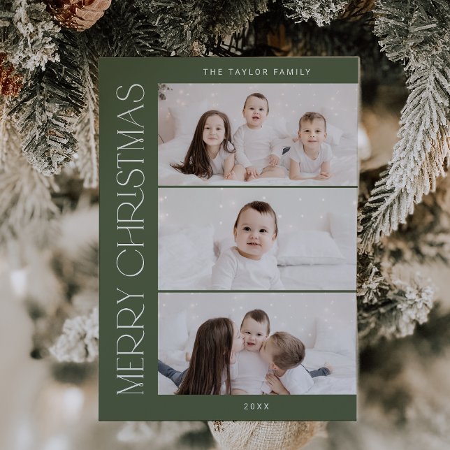 Cartão De Festividades CHARLIE Green Imintable 3 Family Photo Christmas (CHARLIE Green Printable 3 Family Photo Christmas Holiday Card)