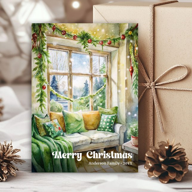 Cartão De Festividades Charming Christmas scene card classic red green   (Charming Christmas scene card classic red green tag

)