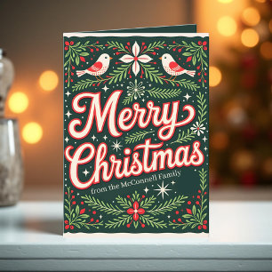 Cartão De Festividades Charming Folk Art Birds e Holly Berry Christmas