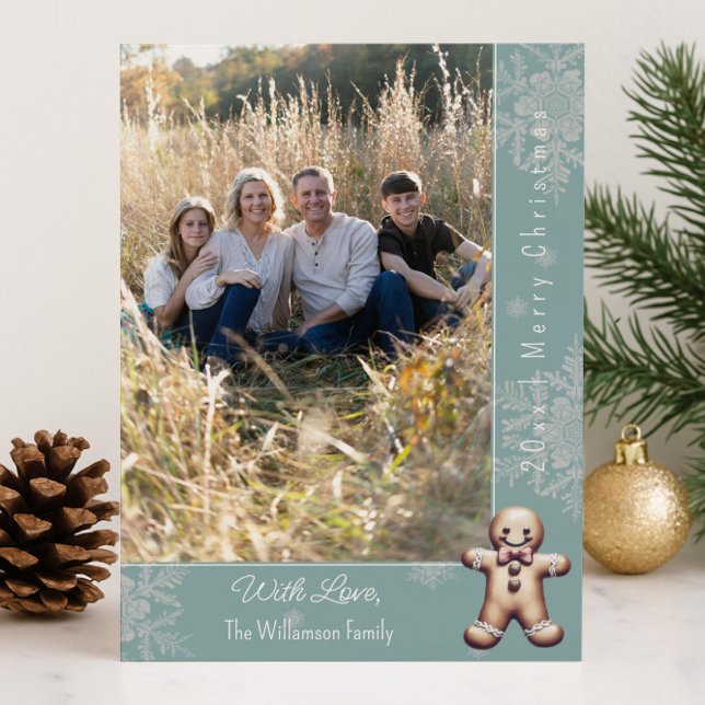 Cartão De Festividades Charming Gingerbread Man | Teal Photo Card (Teal Charming Gingerbread Man Holiday Photo Card)