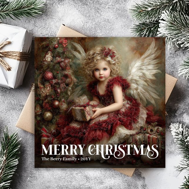 Cartão De Festividades Charming Victorian Angel Deep Red Christmas Card (Charming Victorian Angel Deep Red Christmas Card)