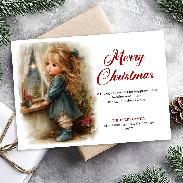 Cartão De Festividades Charmingly Little Girl Awaits Santa Digital   (Charmingly Little Girl Awaits Santa Digital Holiday Card)