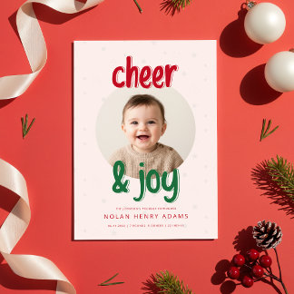 Cartão De Festividades Cheer and Joy Christmas Baby Birth Announcement