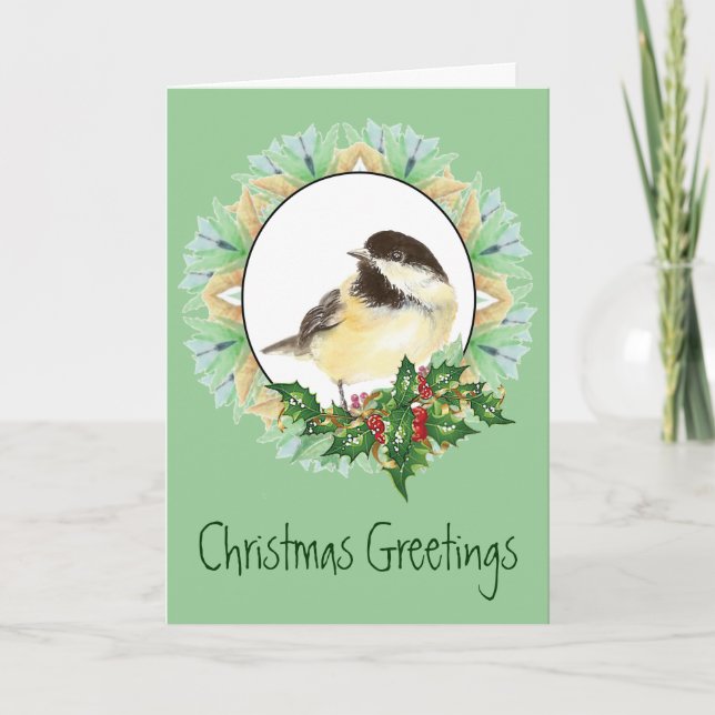 Cartão De Festividades Cheerful Christmas Watercolor Chickadee Bird Holly (Frente)