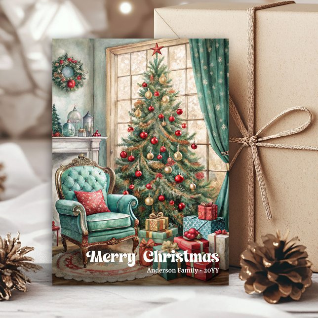 Cartão De Festividades Cheerful cozy Christmas interior rustic red green (Cheerful cozy Christmas interior rustic red green Holiday Card)