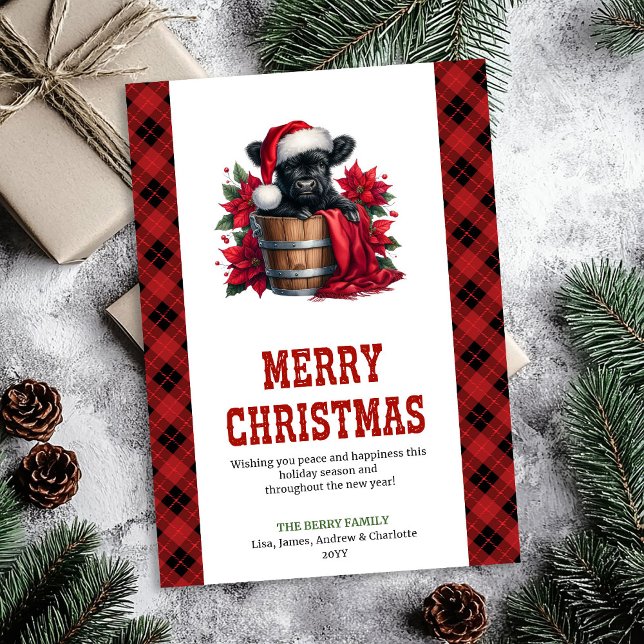 Cartão De Festividades Cheerful highland cow card red poinsettia digital (Cheerful highland cow card red poinsettia digital)