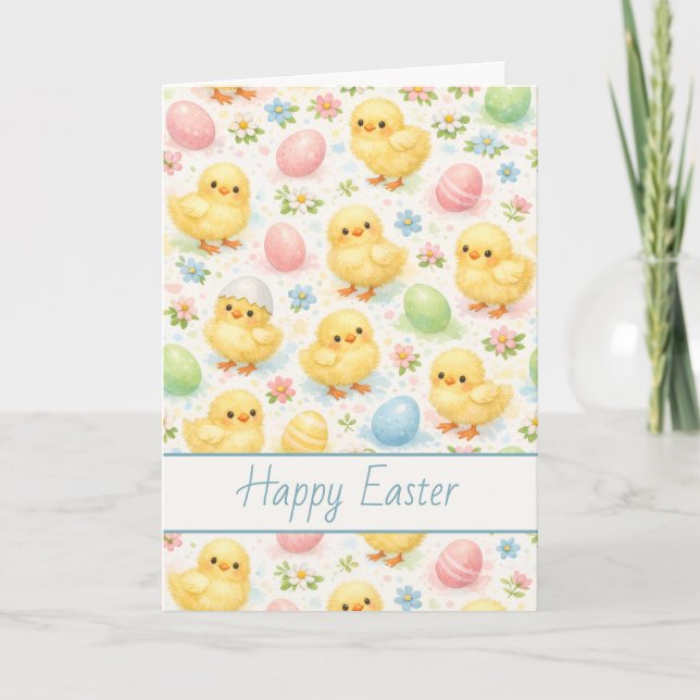 Cartão De Festividades Cheerful Watercolor Chick & Egg Easter Card (Frente)