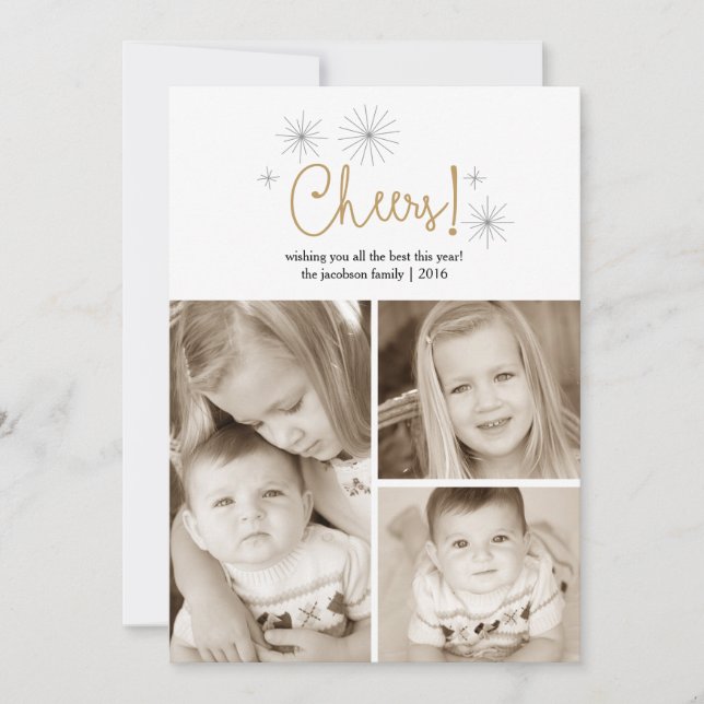 Cartão De Festividades Cheers Happy New Year Gold Fireworks Photo Card (Frente)