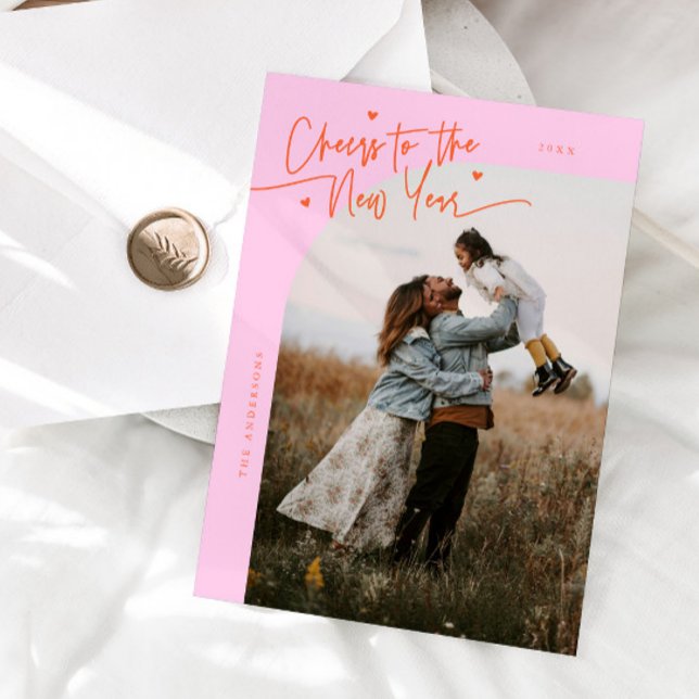 Cartão De Festividades Cheers New Year Orange Pink Curved Frame Photo (Criador carregado)