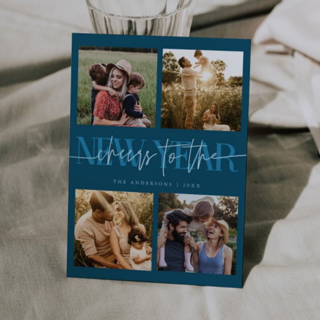 Cartão De Festividades CHEERS New Year Teal Photo Grid (Criador carregado)