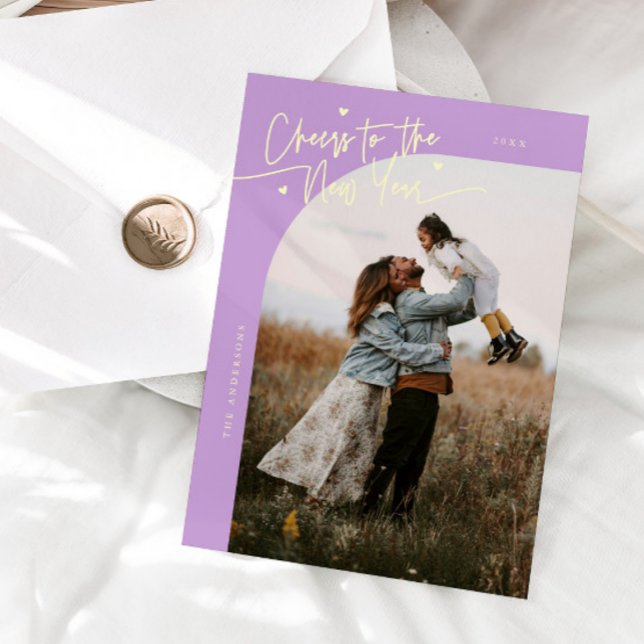 Cartão De Festividades Cheers New Year Wisteria Lemon Curved Frame Photo (Criador carregado)