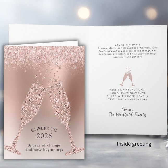 Cartão De Festividades Cheers to 2026 Year of Change New Year (Cheers to 2026 Year of Change Rose Gold Folded New Year Greeting Card)
