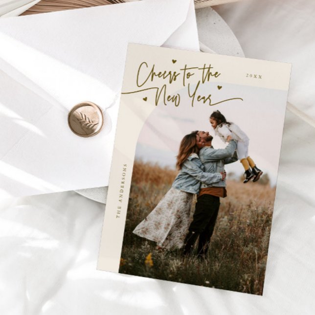 Cartão De Festividades Cheers To The New Year Cream Curved Frame Photo (Criador carregado)