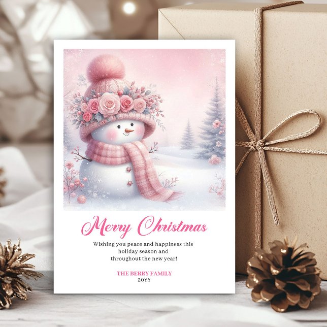 Cartão De Festividades Cheery pink snowman kids greeting card printable (Cheery pink snowman kids greeting card printable)