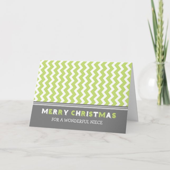 Cartão De Festividades Chevron Green Grey Niece Merry Christmas Card (Frente)