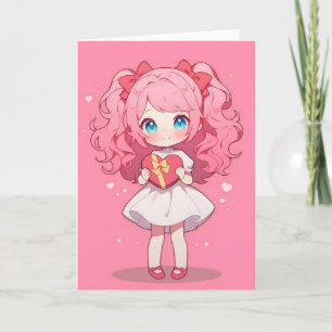 Cartão De Festividades Chibi Anime Girl Pink Love
