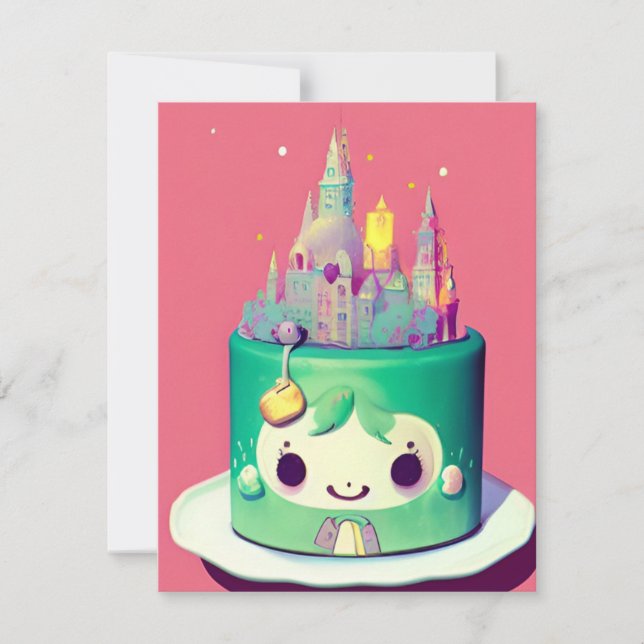Cartão De Festividades Chibi, bolo de aniversário bonito, castelo verde (Frente)