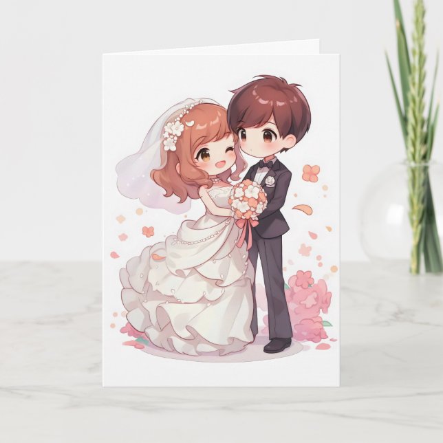 Cartão De Festividades Chibi de Casamento de Casal de Anime (Frente)