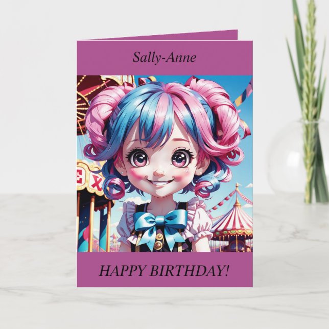 Cartão De Festividades Chibi Girl pink/blue hair smiling Birthday Card (Frente)