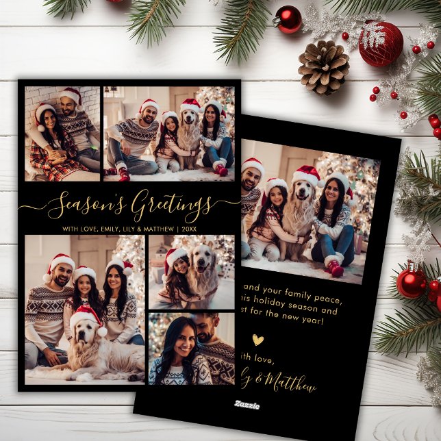 Cartão De Festividades Chic Black Dourado Seasons Saudações Script 5 Foto (Criador carregado)