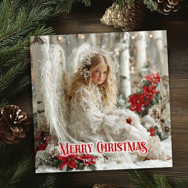 Cartão De Festividades Chic Christmas angel red and gold classic greeting (Chic Christmas angel red and gold classic greeting card)