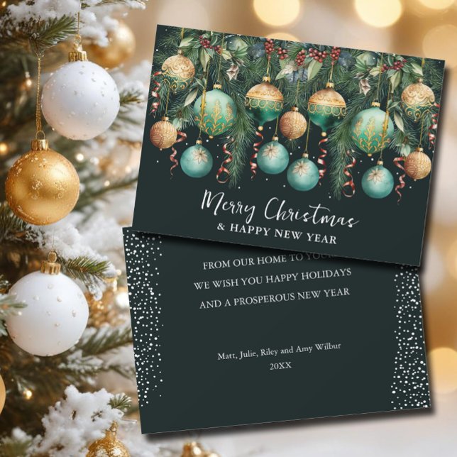 Cartão De Festividades Chic Christmas Tree Ornaments (Chic Merry Christmas gold and green tree ornaments flat holiday greeting cards)