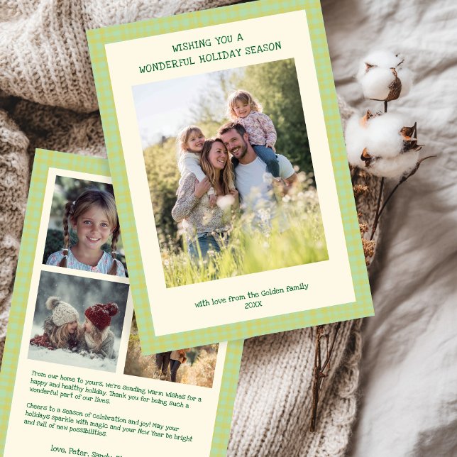Cartão De Festividades Chic Gingham Natal AmareloVerde Personalizado 5 Fo (Chic Gingham Christmas Yellow Green Custom 5 Family Photo Collage Holiday Card
)