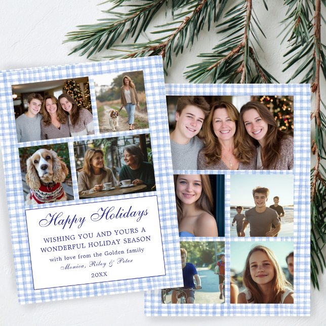 Cartão De Festividades Chic Gingham Natal Personalizado 9 Colagem de Foto (Chic Preppy Cute Gingham Christmas Hanukkah Custom 9 Photo Collage Blue White Holiday Card
)